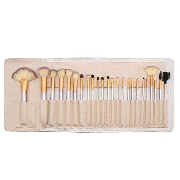 24‑Piece Professional Makeup Brush Set with Luxury Wooden Handles & Storage Roll – Champagne & Silver Options