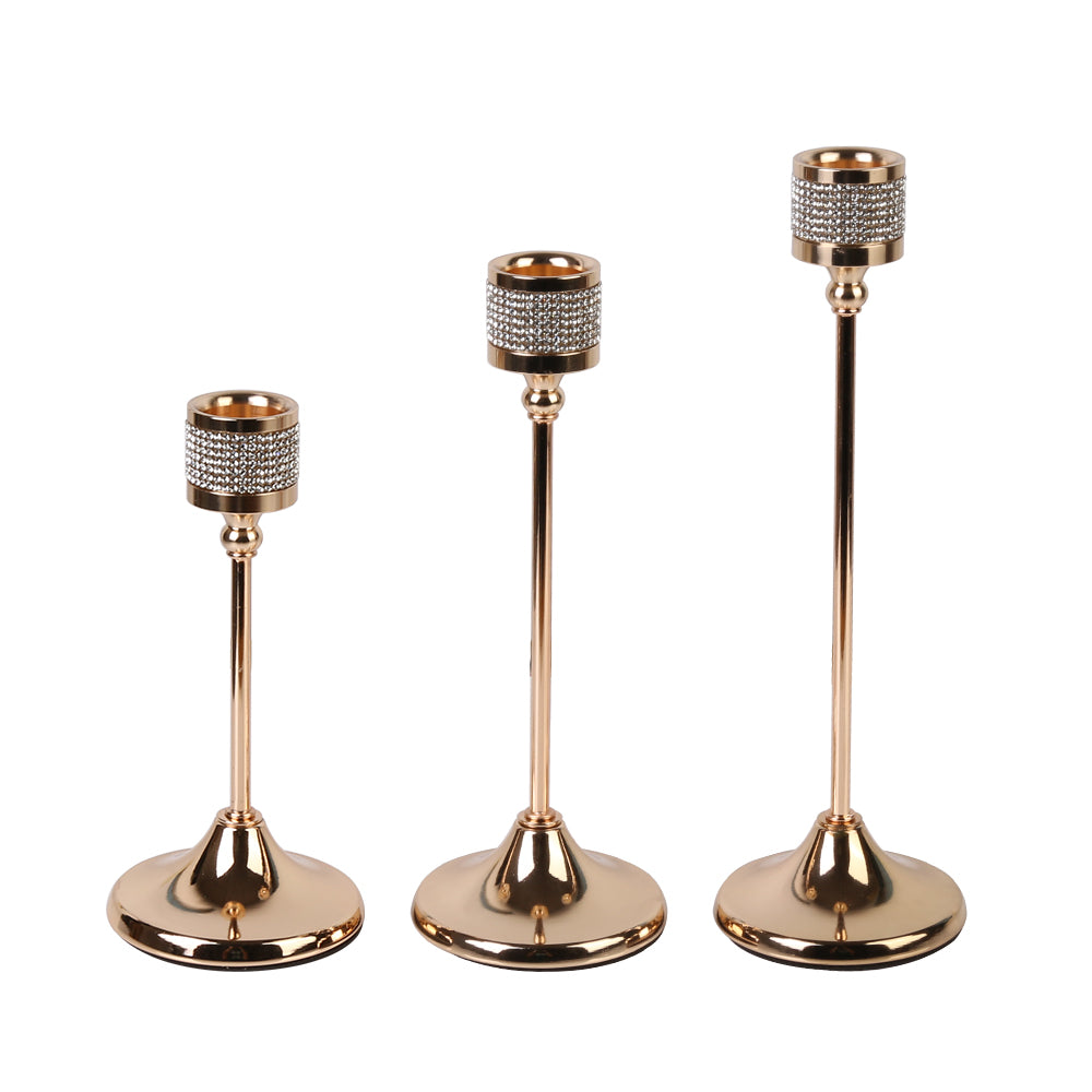 Set of 3 Gold Metal Taper Candle Holders – Elegant Decorative Candlestick Set for Fireplace - Mantel - Wedding & Dining Table
