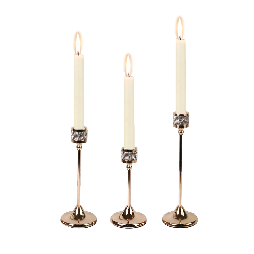 Set of 3 Gold Metal Taper Candle Holders – Elegant Decorative Candlestick Set for Fireplace - Mantel - Wedding & Dining Table