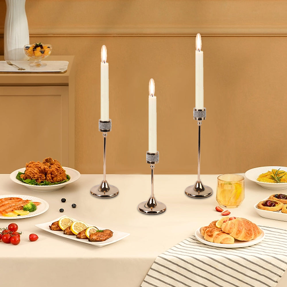 Set of 3 Gold Metal Taper Candle Holders – Elegant Decorative Candlestick Set for Fireplace - Mantel - Wedding & Dining Table