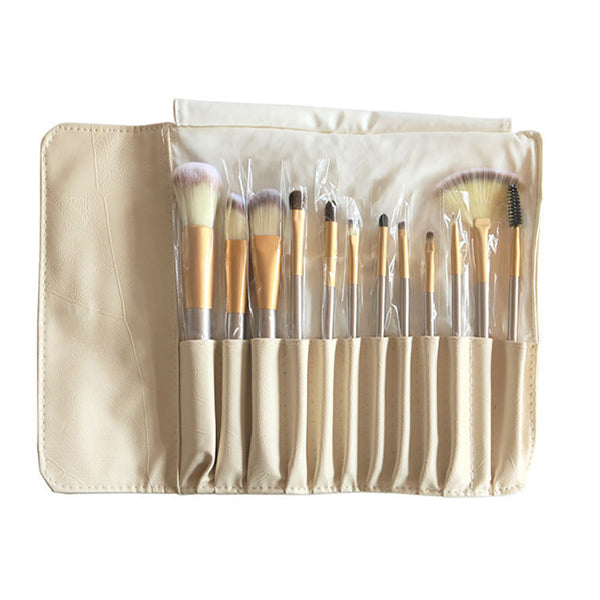 24‑Piece Professional Makeup Brush Set with Luxury Wooden Handles & Storage Roll – Champagne & Silver Options