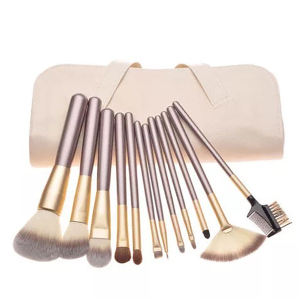24‑Piece Professional Makeup Brush Set with Luxury Wooden Handles & Storage Roll – Champagne & Silver Options