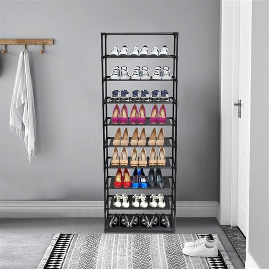 10‑Tier Shoe Rack Storage Organiser – Stackable Stainless Steel Frame Holds Up to 50 Pairs | Space‑Saving Shoe Shelf for Home & Hallway (Black)