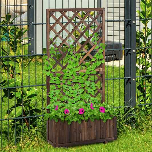 Raised Wooden Garden Bed Planter Box with Trellis – Outdoor Herb, Flower & Vegetable Planter - Fir Wood